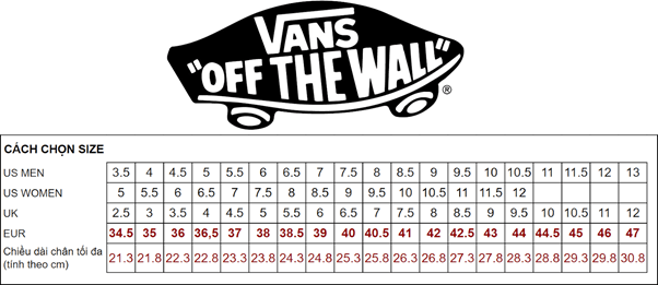 Bảng size giày Vans