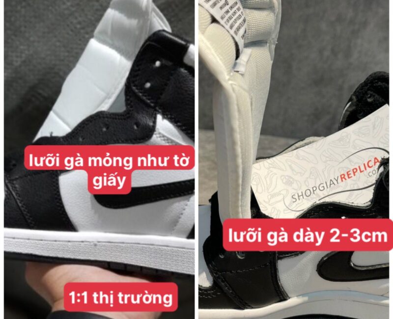 lưỡi gà so sánh air jordan 1 đen trắng black white rep 1:1