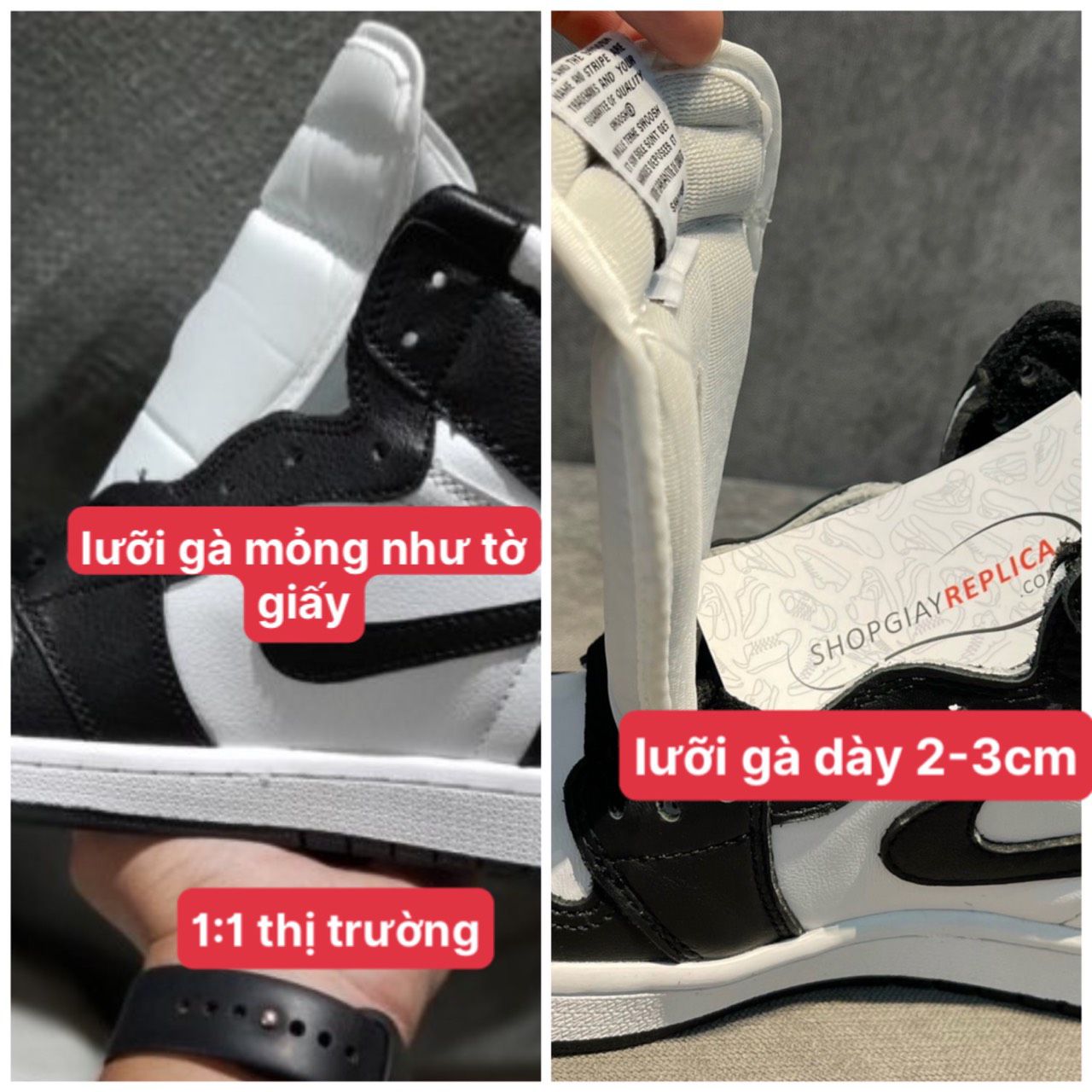 lưỡi gà so sánh air jordan 1 đen trắng black white rep 1:1