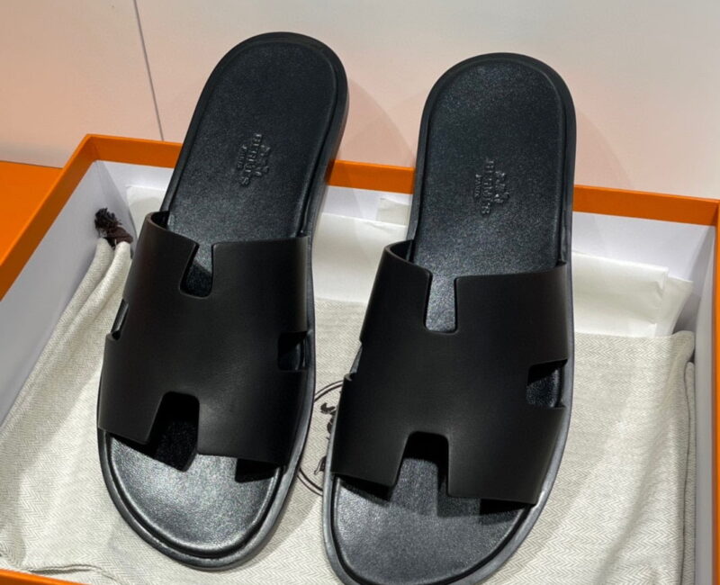 Dép chữ H Hermes Nam Full Đen Da Trơn Siêu Cấp rep 1:1