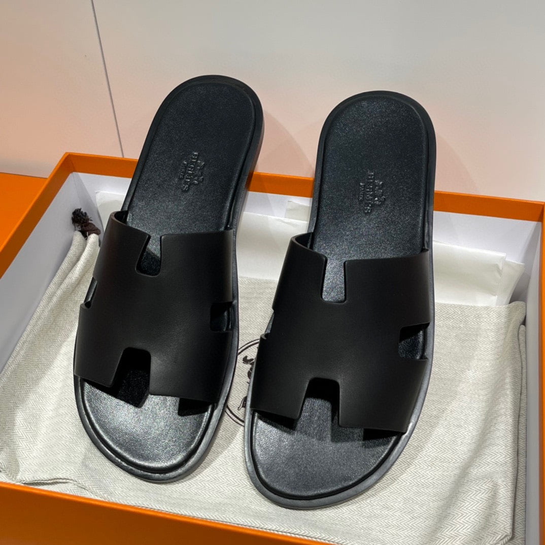 Dép chữ H Hermes Nam Full Đen Da Trơn Siêu Cấp