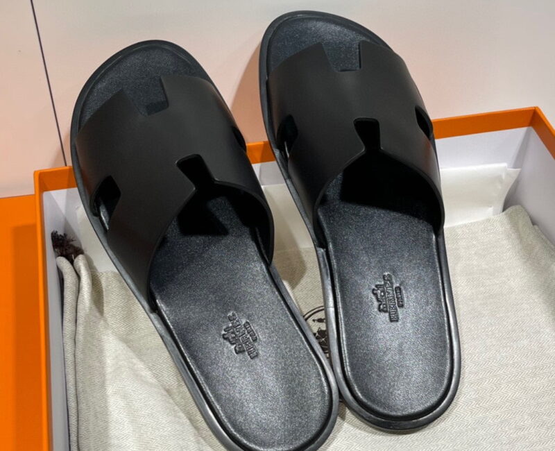 Dép chữ H Hermes Nam Full Đen Da Trơn Siêu Cấp