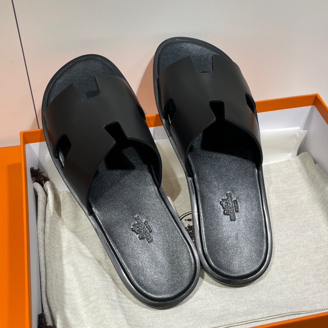 Dép chữ H Hermes Nam Full Đen Da Trơn Siêu Cấp