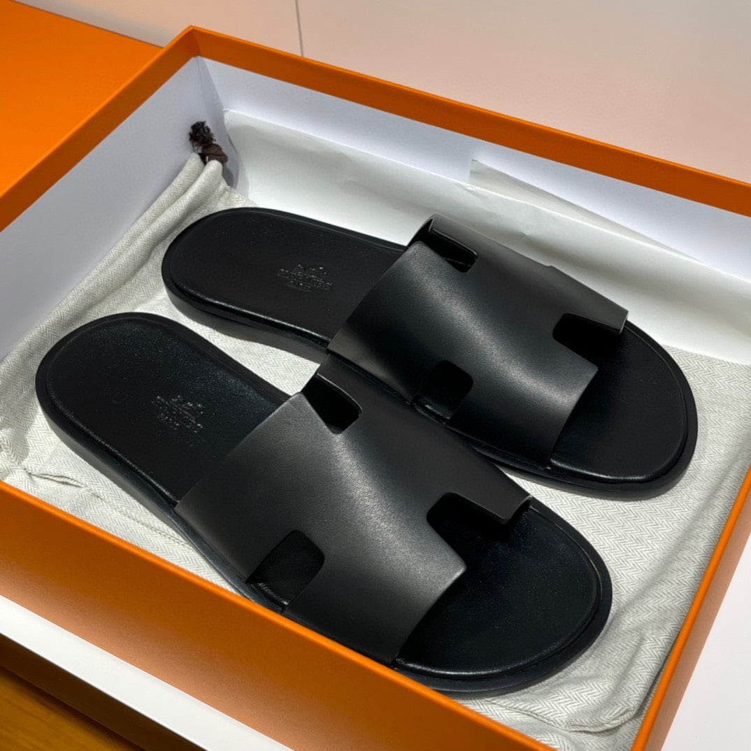 Dép chữ H Hermes Nam Full Đen Da Trơn Siêu Cấp