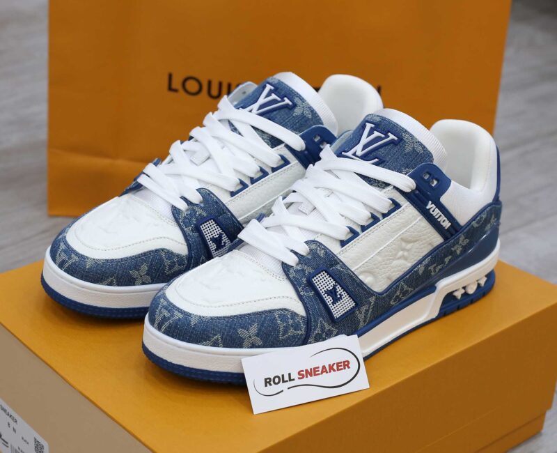 Giày Louis Vuitton LV Trainer Monogram Denim White Blue Like Auth