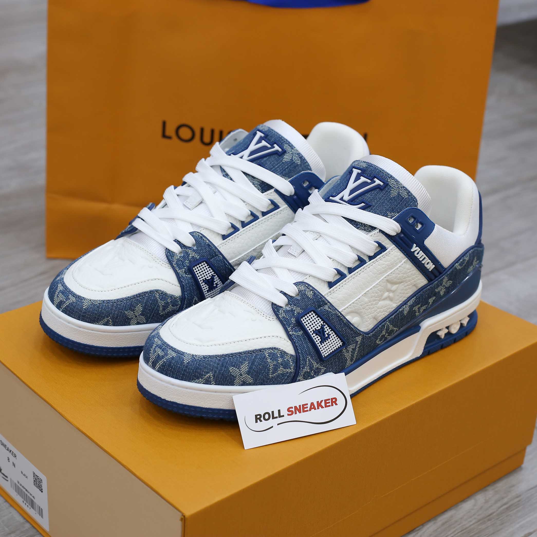 Giày Louis Vuitton LV Trainer Monogram Denim White Blue Like Auth