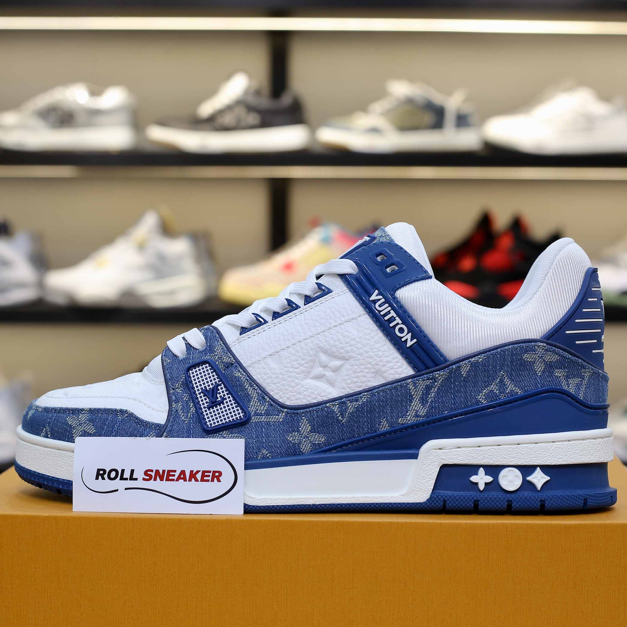 Giày Louis Vuitton LV Trainer Monogram Denim White Blue Like Auth