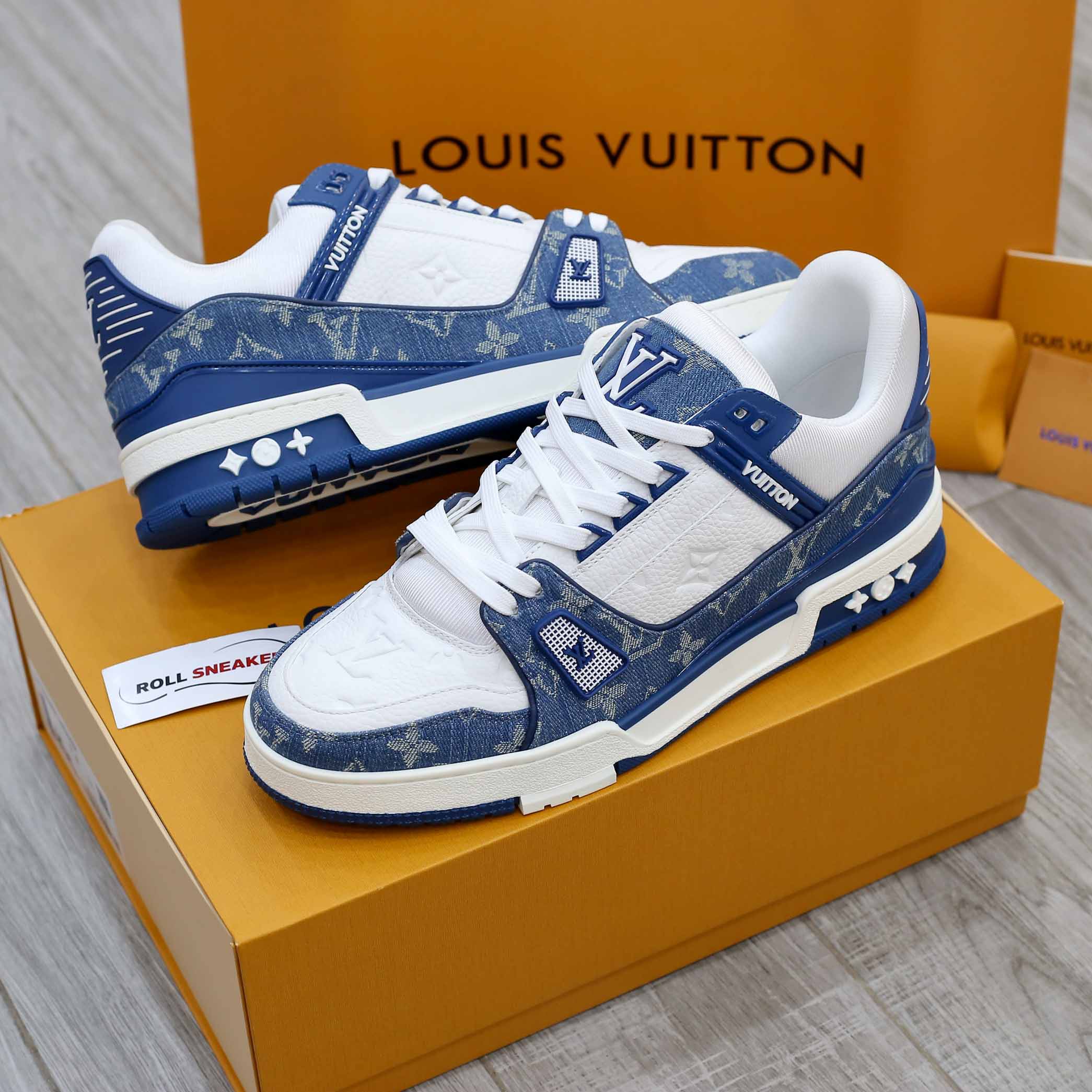 Giày Louis Vuitton LV Trainer Monogram Denim White Blue Like Auth