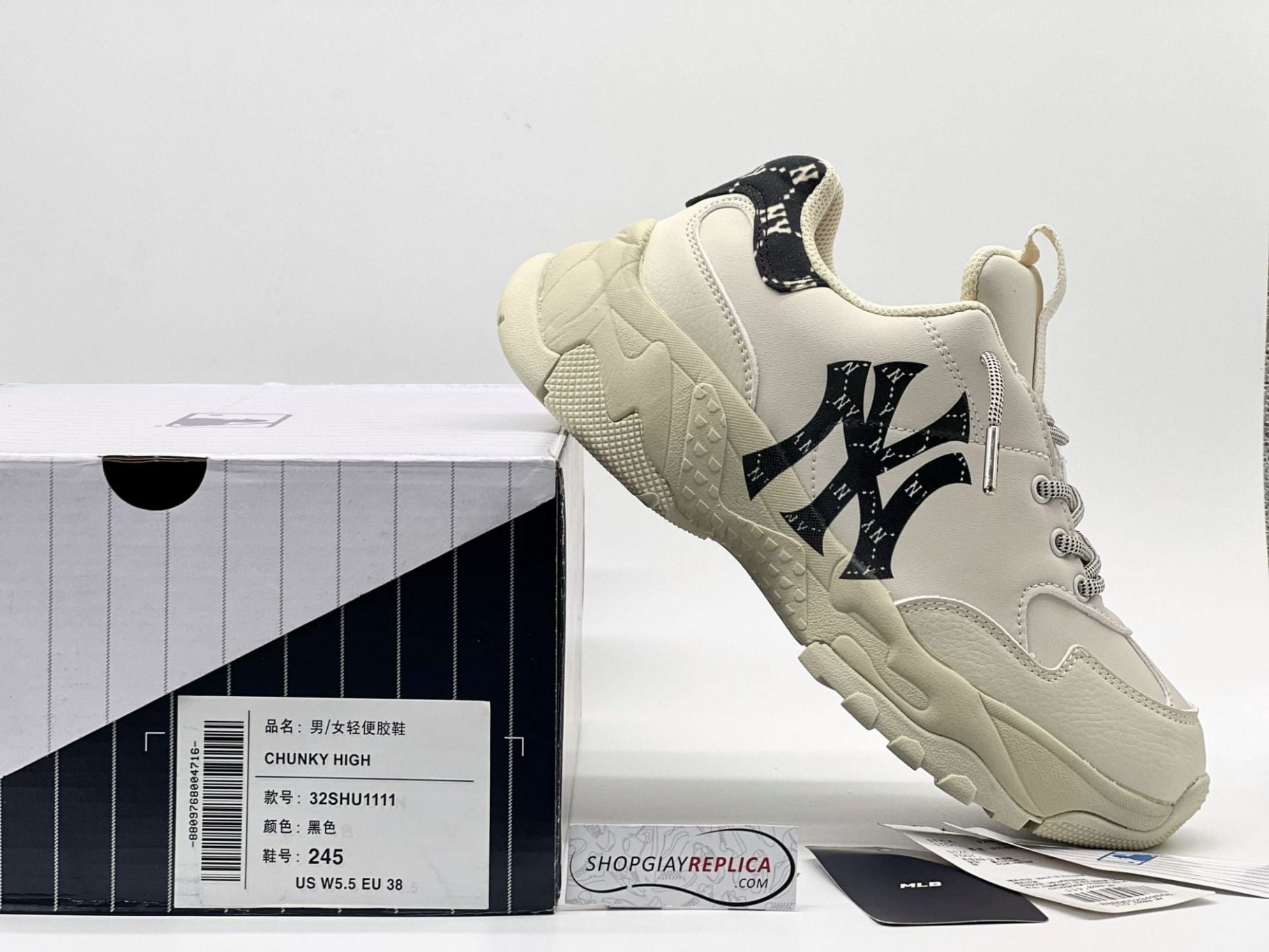 Giày MLB BigBall Chunky Mono Heel New York Yankees Black đen rep 1:1
