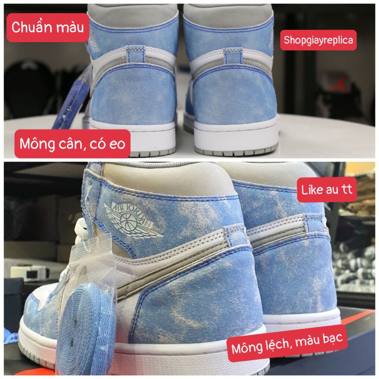 so sánh mông cân giày air jordan 1 high hyper royal like auth chuẩn