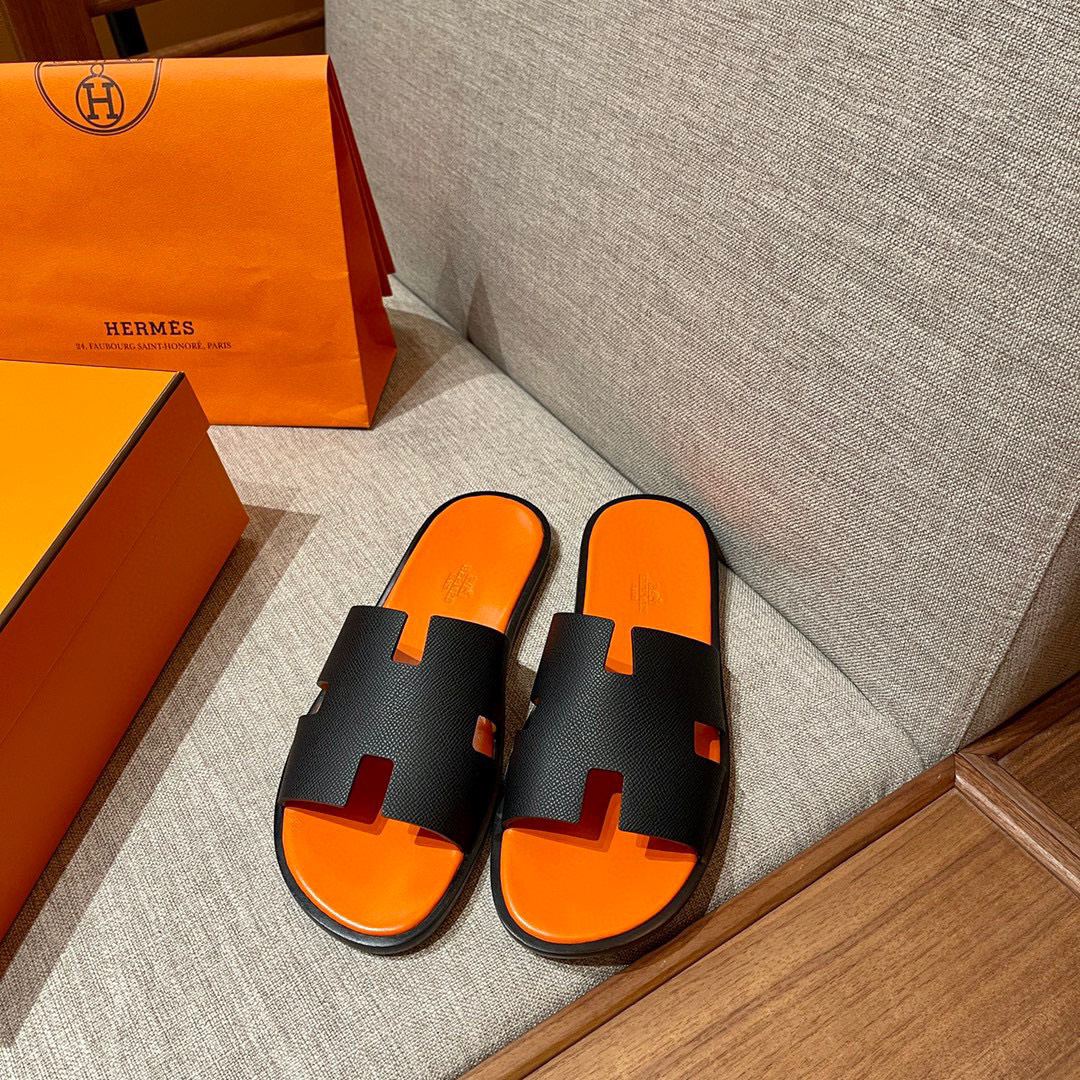 Dép Hermes Nam Da Taiga Màu Đen Đế Cam siêu cấp rep 1:1