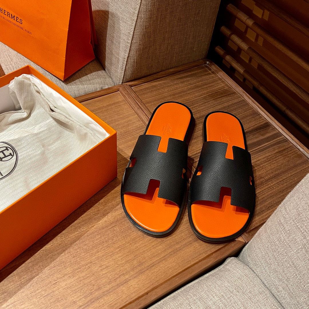 Dép Hermes Nam Da Taiga Màu Đen Đế Cam siêu cấp rep 1:1