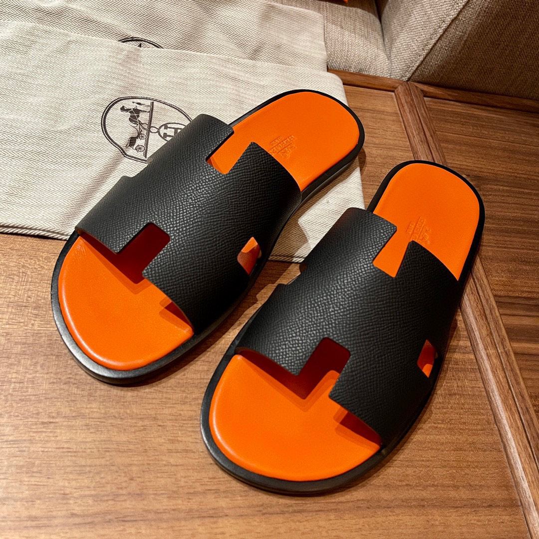 Dép Hermes Nam Da Taiga Màu Đen Đế Cam siêu cấp rep 1:1