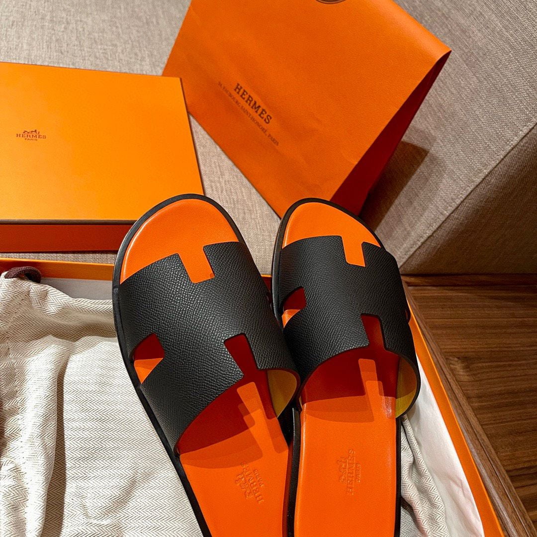 Dép Hermes Nam Da Taiga Màu Đen Đế Cam siêu cấp rep 1:1