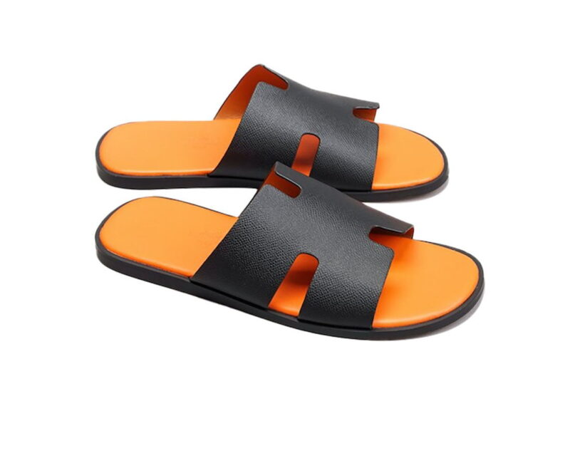 Dép Hermes Nam Da Taiga Màu Đen Đế Cam siêu cấp