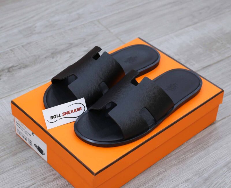 Dép Hermes Nam Full Đen Da Taiga (Sần) Siêu Cấp