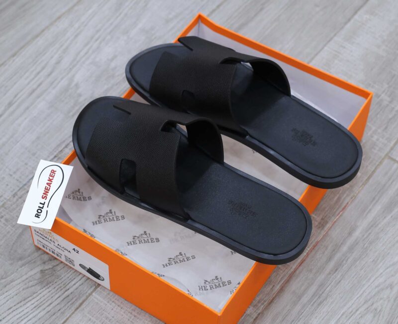 Dép Hermes Nam Full Đen Da Taiga (Sần) Siêu Cấp
