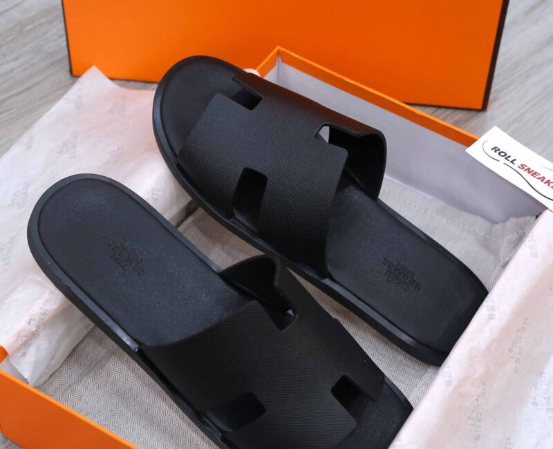 Dép chữ H Hermes Nam Full Đen Da Taiga (Sần) Siêu Cấp