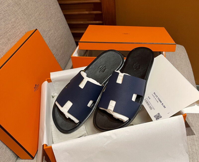 Dép chữ H Hermes Nam Da Taiga Màu Xanh Lót Đen Siêu Cấp