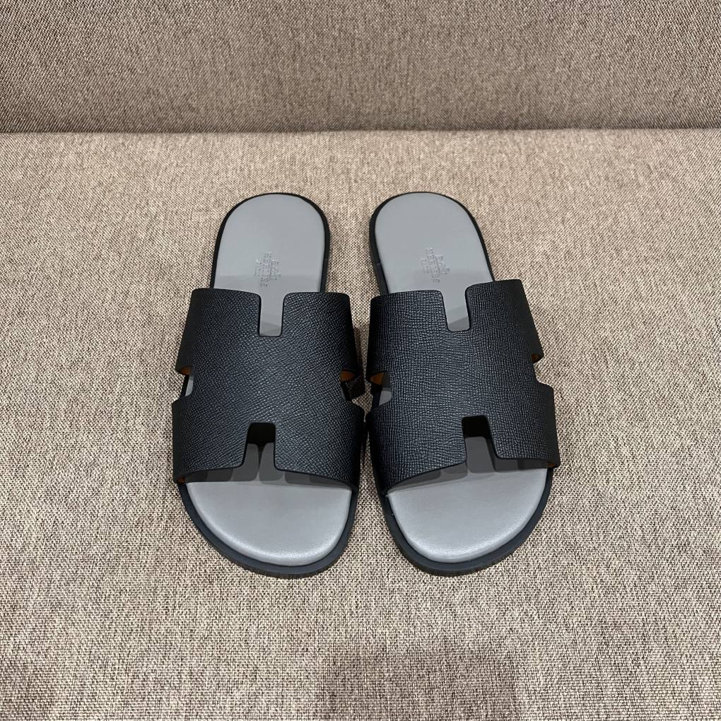 Dép Hermes nam da Epsom (Sần) Đen Đế Xám Siêu Cấp