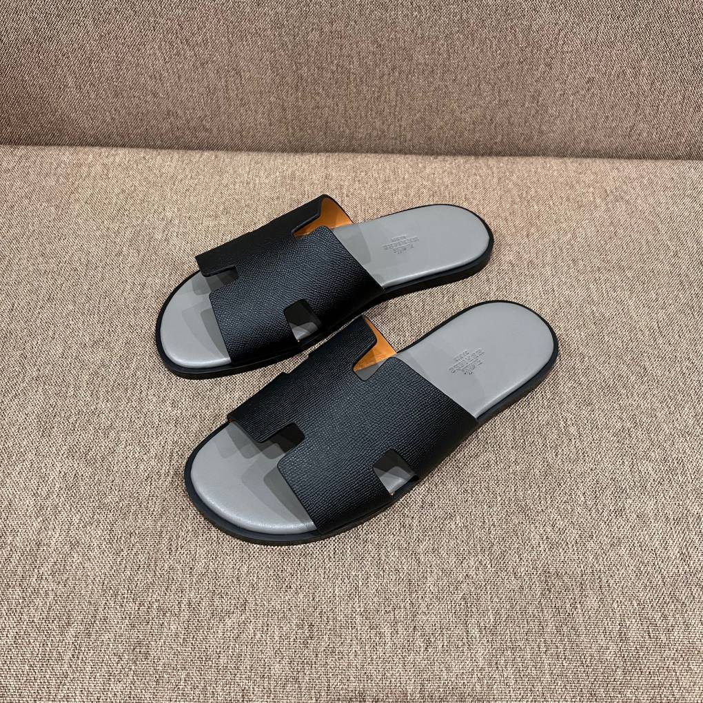 Dép Hermes nam Izmir da Epsom (Sần) Đen Đế Xám Siêu Cấp