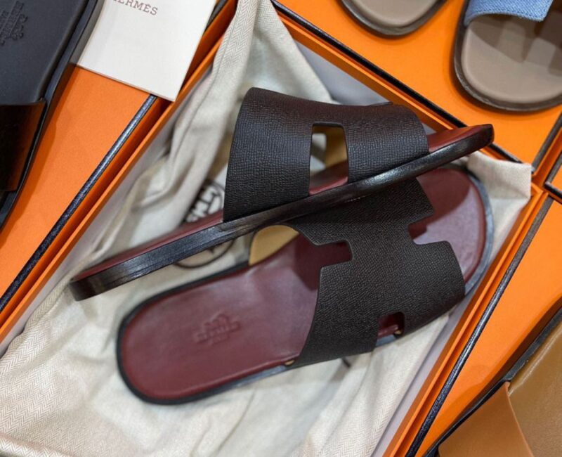 Dép Hermes Izmir Da Epsom (Sần) Nâu đế Đỏ Mận