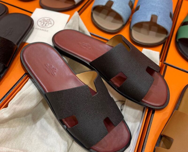 Dép Hermes Izmir Da Epsom (Sần) Nâu đế Đỏ Mận