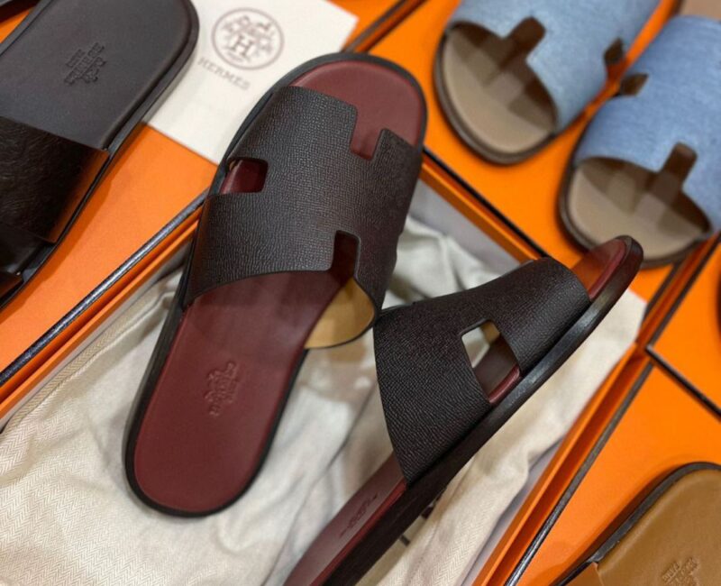 Dép Hermes Izmir Da Epsom (Sần) Nâu đế Đỏ Mận