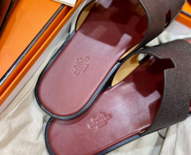 Dép Hermes Izmir Da Epsom (Sần) Nâu đế Đỏ Mận