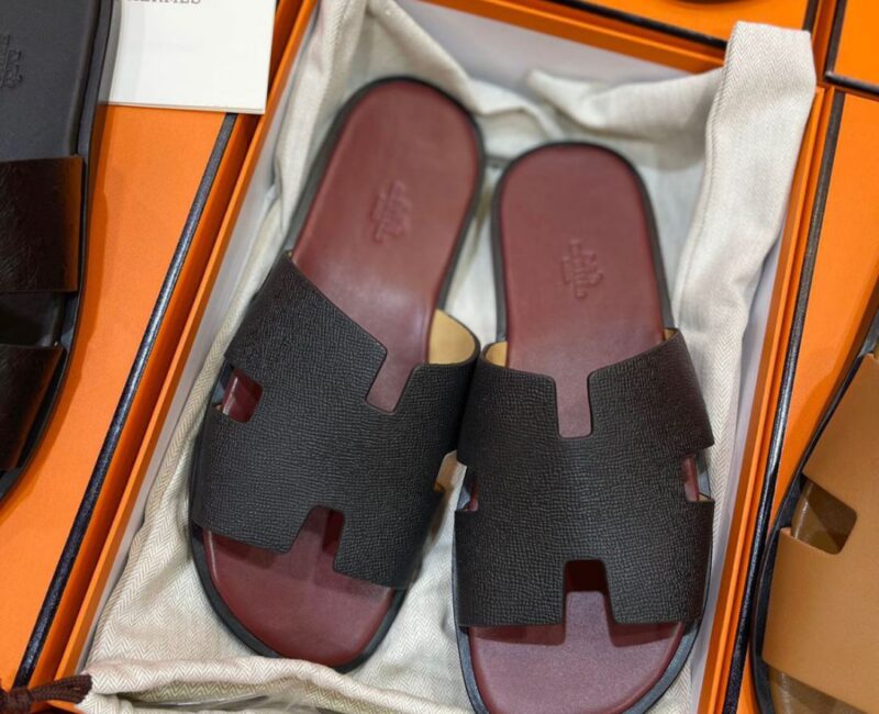 Dép Hermes Izmir Da Epsom (Sần) Nâu đế Đỏ Mận