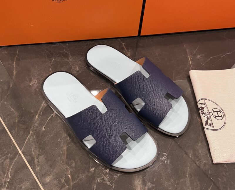 Dép Hermes da Epsom (Sần) Xanh Navy Siêu Cấp