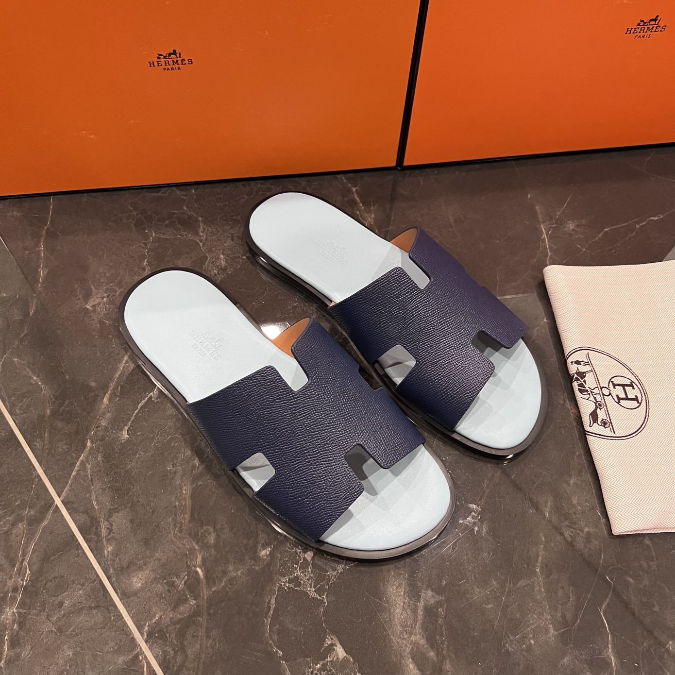 Dép Hermes da Epsom (Sần) Xanh Navy Siêu Cấp