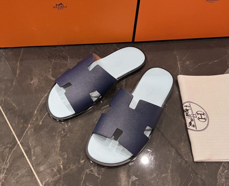 Dép Hermes da Epsom (Sần) Xanh Navy Siêu Cấp