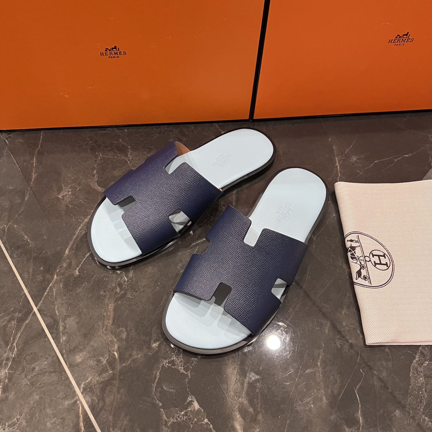 Dép Hermes da Epsom (Sần) Xanh Navy Siêu Cấp