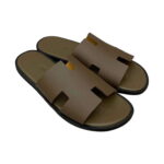 Dép Hermes Nam Da Epsom (Sần) Màu Rêu Đế Viền Đen