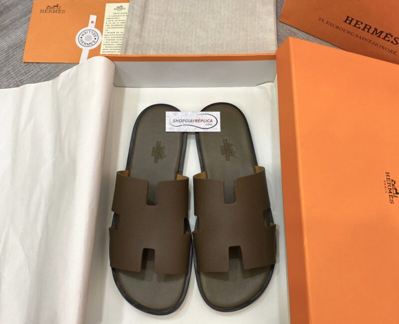 Dép Hermes Nam Da Epsom (Sần) Màu Rêu Đế Viền Đen