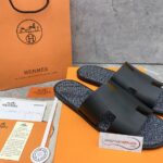 Dép Hermes Izmir Da Trơn Đen Lót Đế họa tiết iconic chữ H