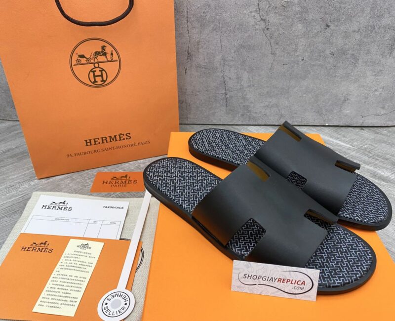Dép Hermes Izmir Da Trơn Đen Lót Đế họa tiết iconic chữ H