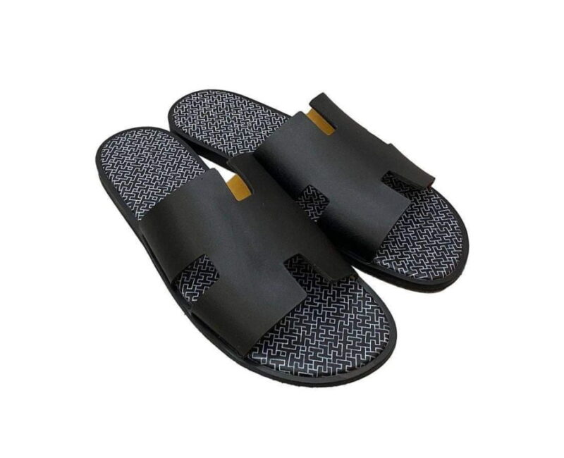 Dép Hermes Izmir Da Trơn Đen Lót Đế họa tiết iconic chữ H