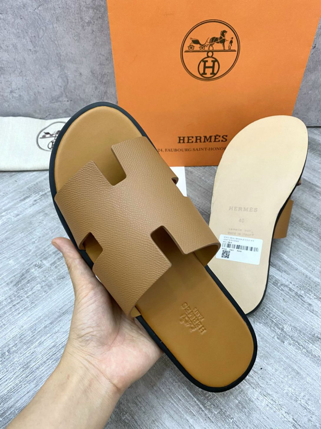 Dép Hermes Izmir Da Epsom (Sần) Full Nâu Siêu Cấp