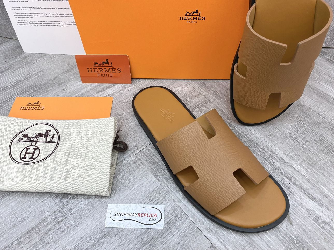 Dép Hermes Izmir Da Epsom (Sần) Full Nâu Siêu Cấp