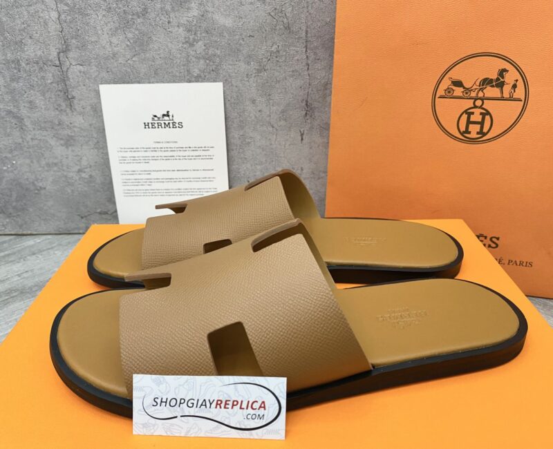 Dép Hermes nam Da Taiga (Sần) Full Nâu Brown Siêu Cấp viền đen