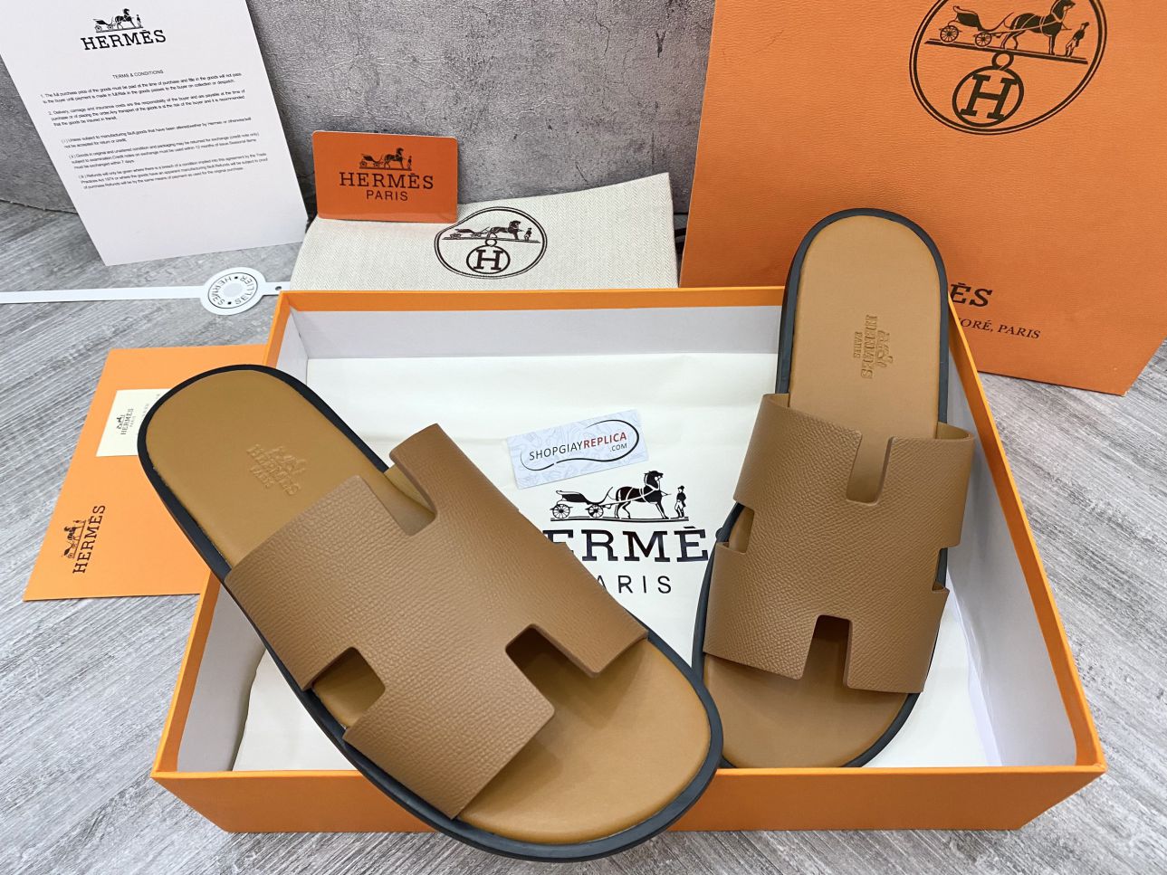 Dép Hermes Izmir Da Epsom (Sần) Full Nâu like auth