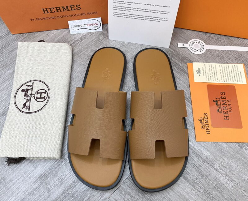 Dép Hermes nam Da Taiga (Sần) Full Nâu brown like auth đế viền đen