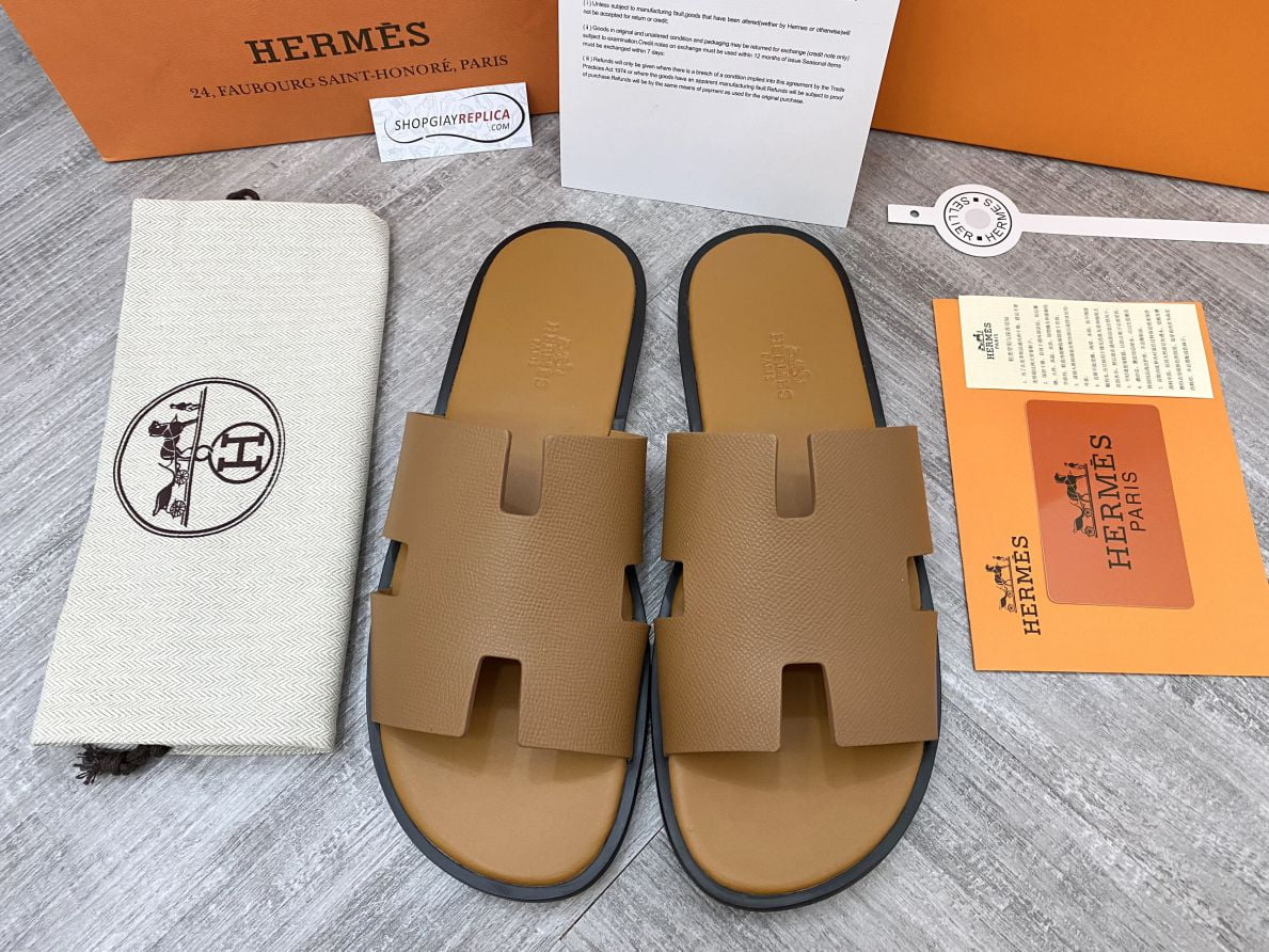 Dép Hermes nam Da Taiga (Sần) Full Nâu brown like auth đế viền đen