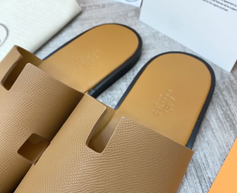 Dép Hermes nam Da Epsom (Sần) Full Brown nâu rep 1:1 đế viền đen