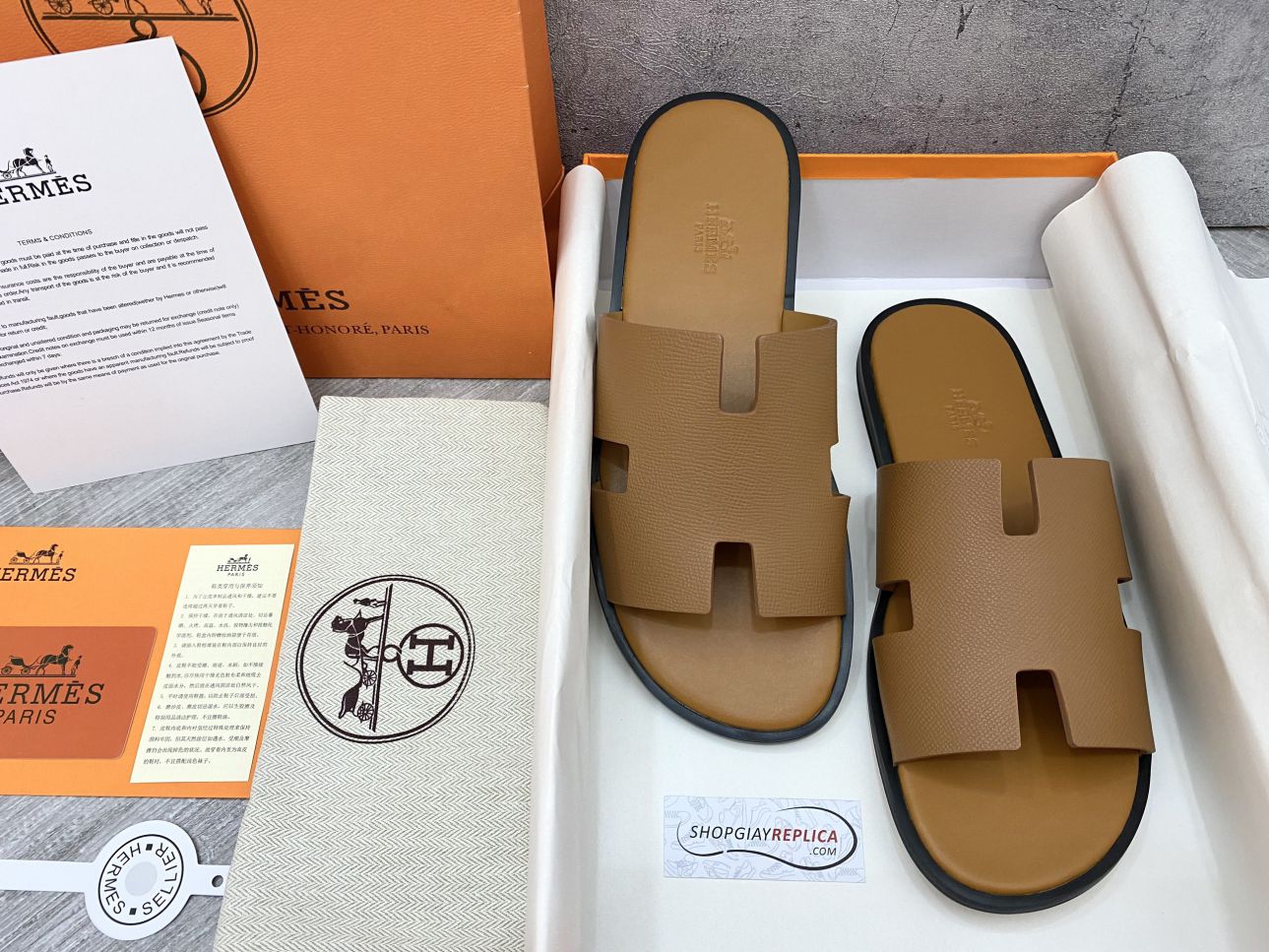 Dép Hermes Izmir Da Taiga (sần) Full Nâu rep 1:1