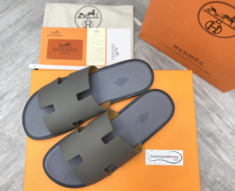 Dép Hermes Izmir Da Epsom (Sần) Xám Đế Viền Đen