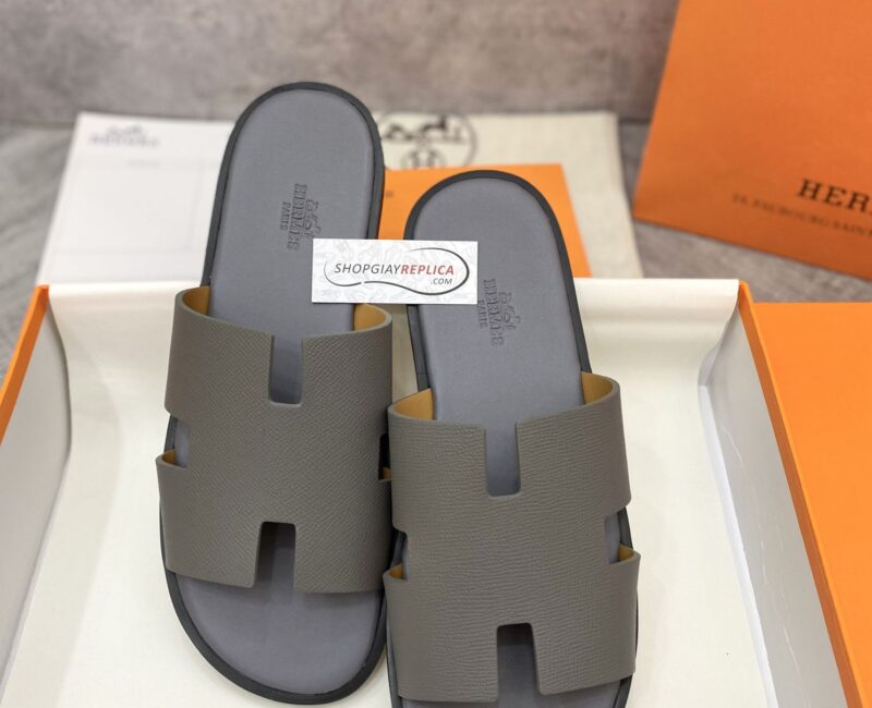 Dép Hermes Izmir Da Epsom (Sần) Xám Đế Viền Đen