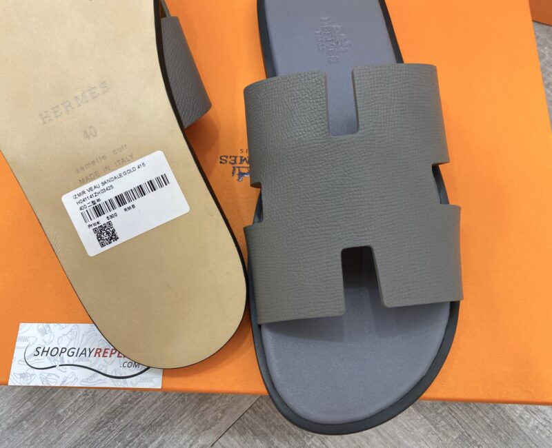 Dép Hermes Izmir Da Epsom (Sần) Xám Đế Viền Đen